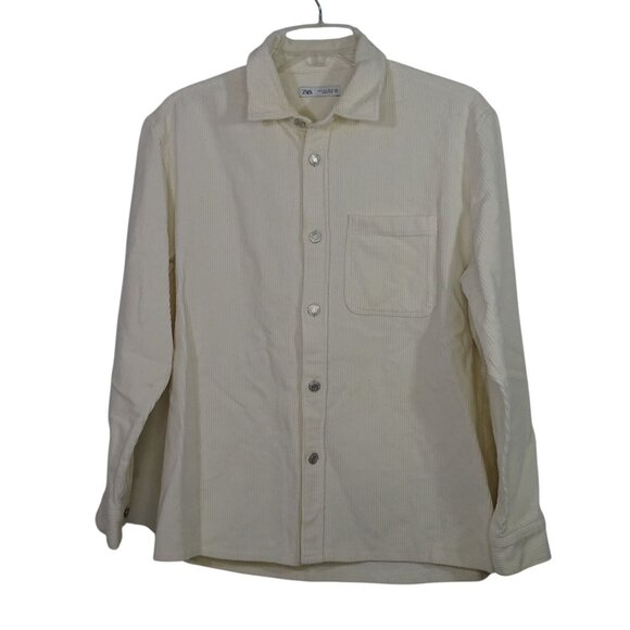 Zara Beige Button Up Collared Corduroy Shirt Men Size L Long Sleeve - Picture 1 of 7